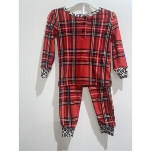 BETSEY JOHNSON 2T Red Plaid Cheetah Pajama Set Baby Girl Fleece Fall Winter